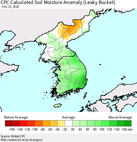 Korea CPC Calculated Soil Moisture Anomaly (Leaky Bucket) Thematic Map For 2/21/2020 - 2/25/2020