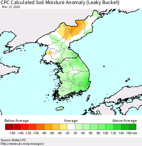 Korea CPC Soil Moisture Departure from Normal (Leaky Bucket) Thematic Map For 3/11/2020 - 3/15/2020