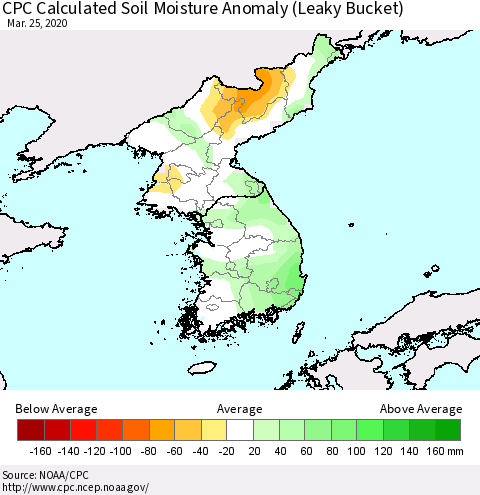 Korea CPC Calculated Soil Moisture Anomaly (Leaky Bucket) Thematic Map For 3/21/2020 - 3/25/2020