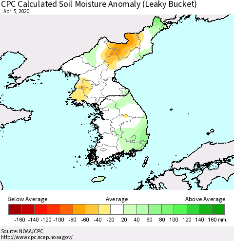 Korea CPC Calculated Soil Moisture Anomaly (Leaky Bucket) Thematic Map For 4/1/2020 - 4/5/2020