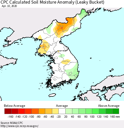 Korea CPC Soil Moisture Departure from Normal (Leaky Bucket) Thematic Map For 4/6/2020 - 4/10/2020
