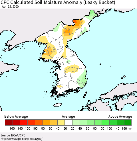 Korea CPC Calculated Soil Moisture Anomaly (Leaky Bucket) Thematic Map For 4/11/2020 - 4/15/2020