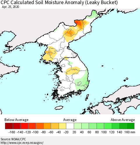Korea CPC Calculated Soil Moisture Anomaly (Leaky Bucket) Thematic Map For 4/21/2020 - 4/25/2020