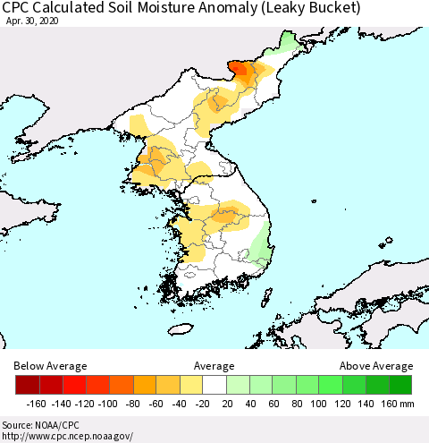 Korea CPC Soil Moisture Departure from Normal (Leaky Bucket) Thematic Map For 4/26/2020 - 4/30/2020