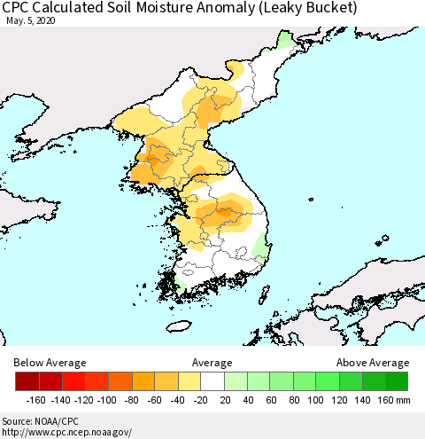 Korea CPC Soil Moisture Departure from Normal (Leaky Bucket) Thematic Map For 5/1/2020 - 5/5/2020