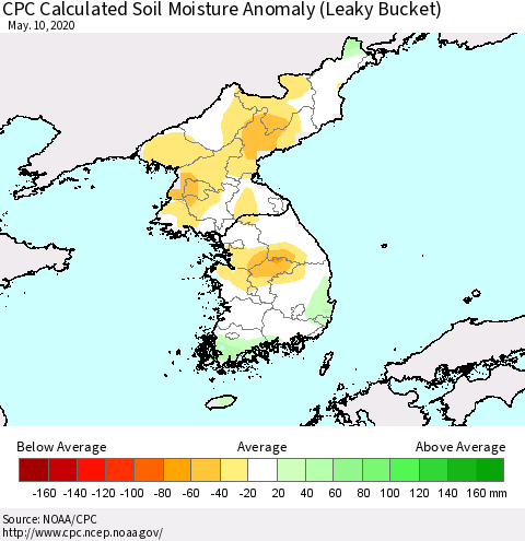Korea CPC Calculated Soil Moisture Anomaly (Leaky Bucket) Thematic Map For 5/6/2020 - 5/10/2020