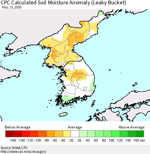 Korea CPC Calculated Soil Moisture Anomaly (Leaky Bucket) Thematic Map For 5/11/2020 - 5/15/2020