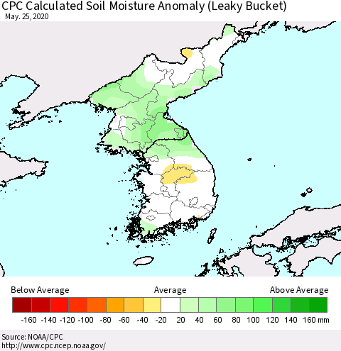 Korea CPC Soil Moisture Departure from Normal (Leaky Bucket) Thematic Map For 5/21/2020 - 5/25/2020