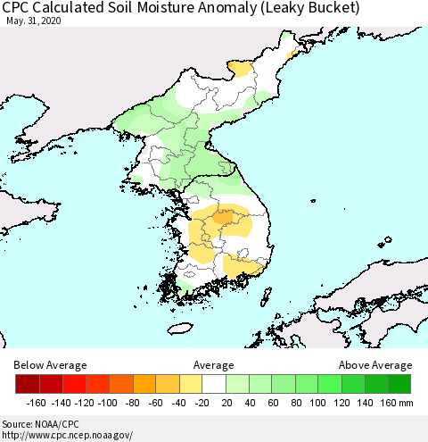 Korea CPC Calculated Soil Moisture Anomaly (Leaky Bucket) Thematic Map For 5/26/2020 - 5/31/2020