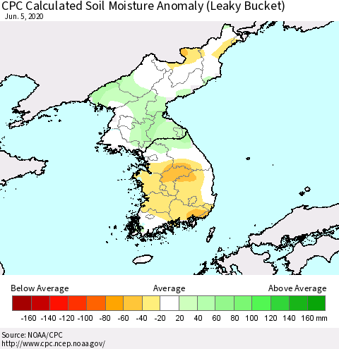 Korea CPC Calculated Soil Moisture Anomaly (Leaky Bucket) Thematic Map For 6/1/2020 - 6/5/2020