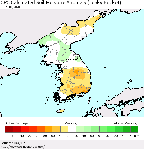 Korea CPC Calculated Soil Moisture Anomaly (Leaky Bucket) Thematic Map For 6/6/2020 - 6/10/2020