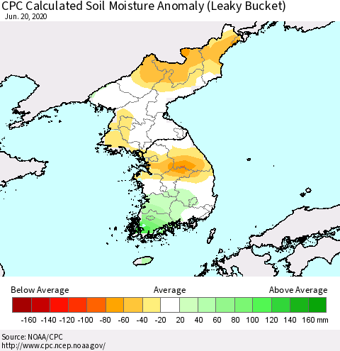 Korea CPC Calculated Soil Moisture Anomaly (Leaky Bucket) Thematic Map For 6/16/2020 - 6/20/2020