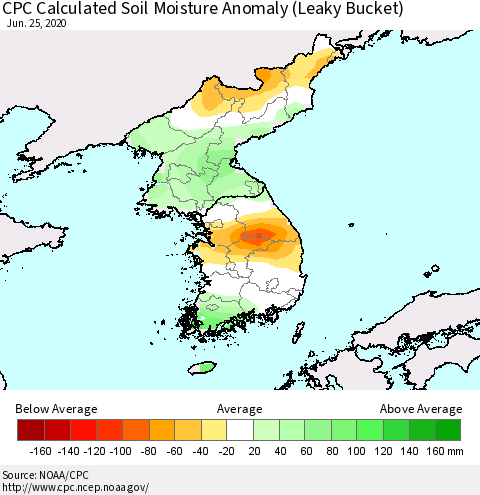 Korea CPC Calculated Soil Moisture Anomaly (Leaky Bucket) Thematic Map For 6/21/2020 - 6/25/2020