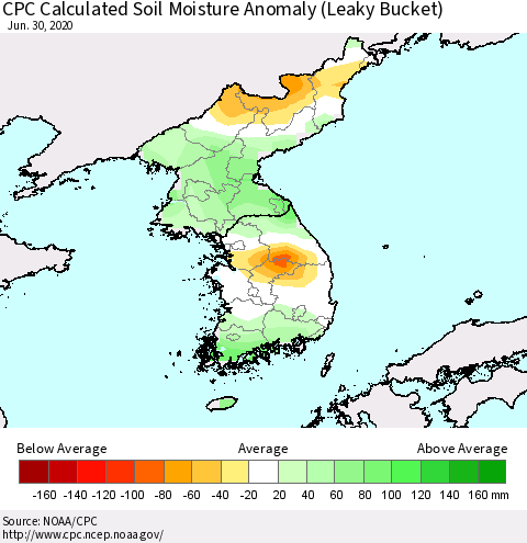 Korea CPC Calculated Soil Moisture Anomaly (Leaky Bucket) Thematic Map For 6/26/2020 - 6/30/2020