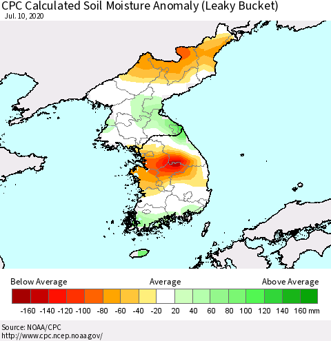 Korea CPC Calculated Soil Moisture Anomaly (Leaky Bucket) Thematic Map For 7/6/2020 - 7/10/2020