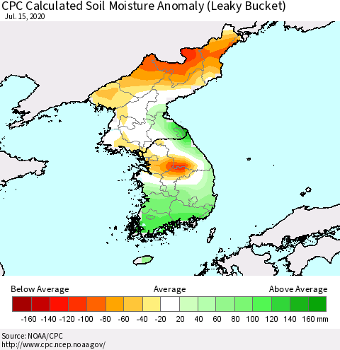 Korea CPC Calculated Soil Moisture Anomaly (Leaky Bucket) Thematic Map For 7/11/2020 - 7/15/2020