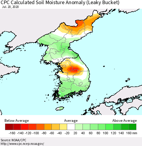 Korea CPC Calculated Soil Moisture Anomaly (Leaky Bucket) Thematic Map For 7/16/2020 - 7/20/2020