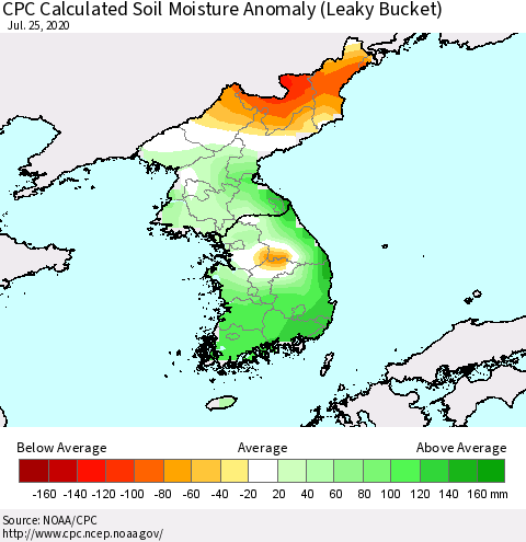 Korea CPC Calculated Soil Moisture Anomaly (Leaky Bucket) Thematic Map For 7/21/2020 - 7/25/2020