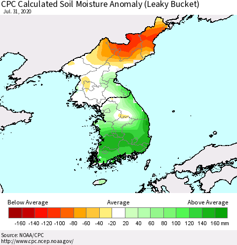 Korea CPC Calculated Soil Moisture Anomaly (Leaky Bucket) Thematic Map For 7/26/2020 - 7/31/2020