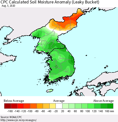 Korea CPC Calculated Soil Moisture Anomaly (Leaky Bucket) Thematic Map For 8/1/2020 - 8/5/2020
