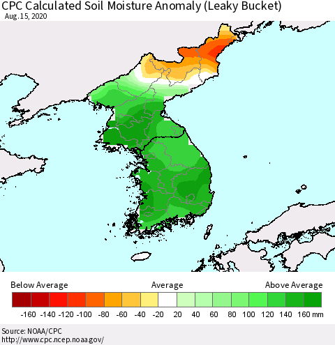 Korea CPC Calculated Soil Moisture Anomaly (Leaky Bucket) Thematic Map For 8/11/2020 - 8/15/2020