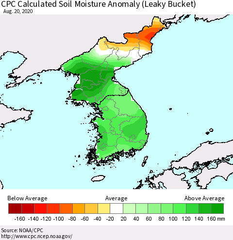 Korea CPC Calculated Soil Moisture Anomaly (Leaky Bucket) Thematic Map For 8/16/2020 - 8/20/2020