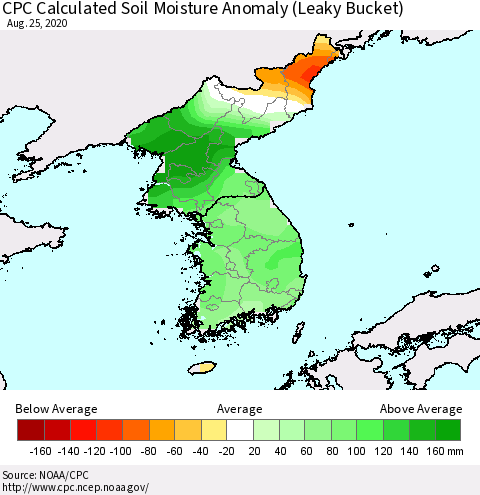 Korea CPC Calculated Soil Moisture Anomaly (Leaky Bucket) Thematic Map For 8/21/2020 - 8/25/2020