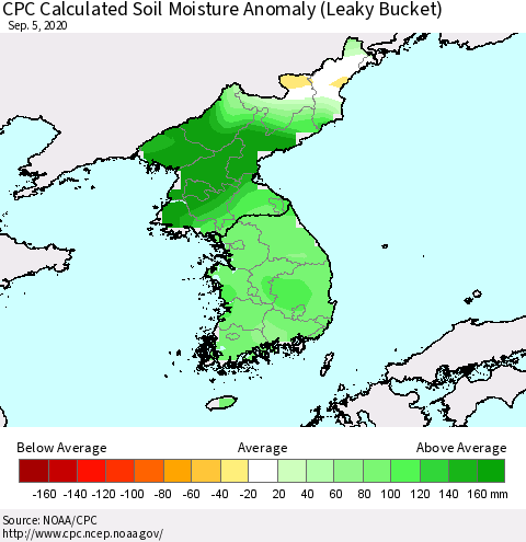 Korea CPC Calculated Soil Moisture Anomaly (Leaky Bucket) Thematic Map For 9/1/2020 - 9/5/2020