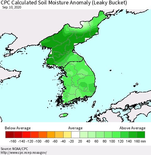 Korea CPC Calculated Soil Moisture Anomaly (Leaky Bucket) Thematic Map For 9/6/2020 - 9/10/2020