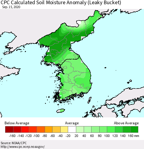 Korea CPC Soil Moisture Departure from Normal (Leaky Bucket) Thematic Map For 9/11/2020 - 9/15/2020