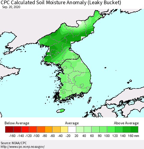 Korea CPC Calculated Soil Moisture Anomaly (Leaky Bucket) Thematic Map For 9/16/2020 - 9/20/2020