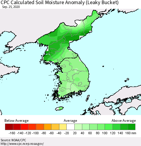 Korea CPC Calculated Soil Moisture Anomaly (Leaky Bucket) Thematic Map For 9/21/2020 - 9/25/2020