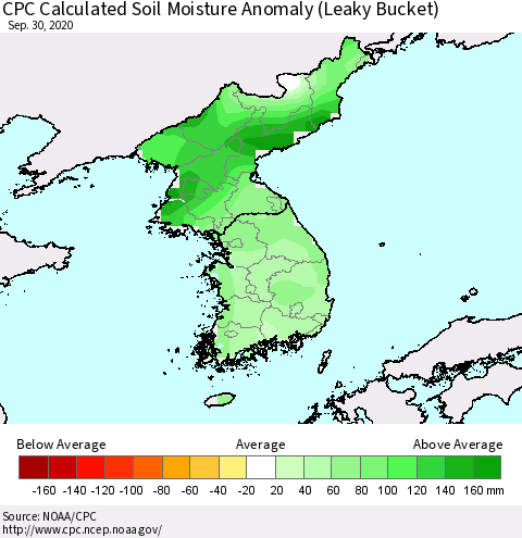 Korea CPC Soil Moisture Departure from Normal (Leaky Bucket) Thematic Map For 9/26/2020 - 9/30/2020