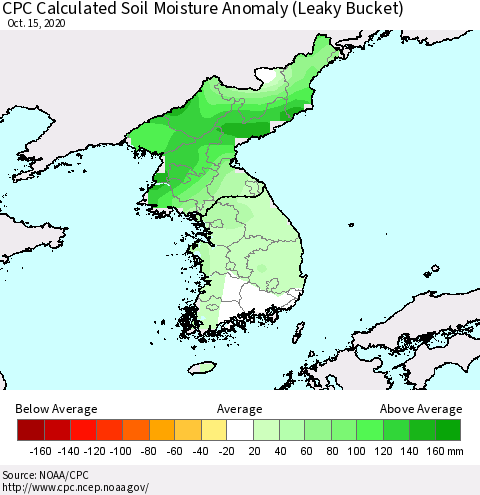 Korea CPC Calculated Soil Moisture Anomaly (Leaky Bucket) Thematic Map For 10/11/2020 - 10/15/2020