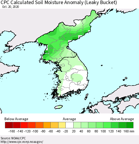 Korea CPC Calculated Soil Moisture Anomaly (Leaky Bucket) Thematic Map For 10/16/2020 - 10/20/2020