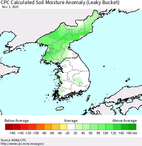 Korea CPC Soil Moisture Departure from Normal (Leaky Bucket) Thematic Map For 11/1/2020 - 11/5/2020