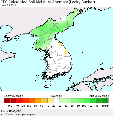Korea CPC Calculated Soil Moisture Anomaly (Leaky Bucket) Thematic Map For 11/11/2020 - 11/15/2020