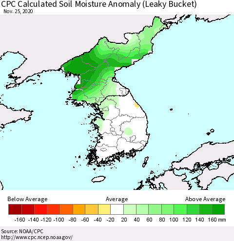 Korea CPC Calculated Soil Moisture Anomaly (Leaky Bucket) Thematic Map For 11/21/2020 - 11/25/2020
