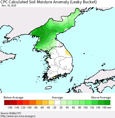 Korea CPC Soil Moisture Departure from Normal (Leaky Bucket) Thematic Map For 11/26/2020 - 11/30/2020