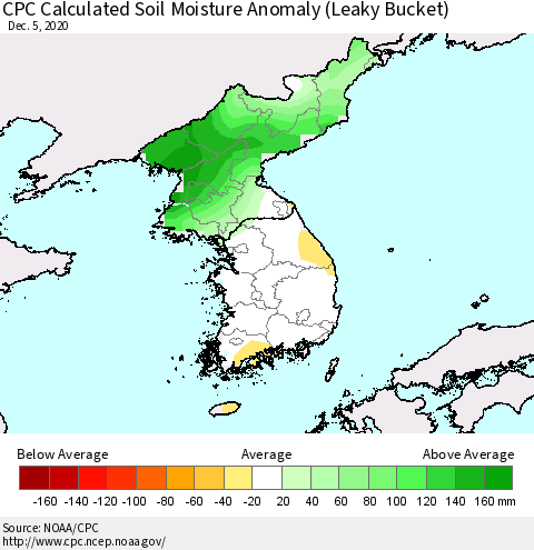 Korea CPC Calculated Soil Moisture Anomaly (Leaky Bucket) Thematic Map For 12/1/2020 - 12/5/2020