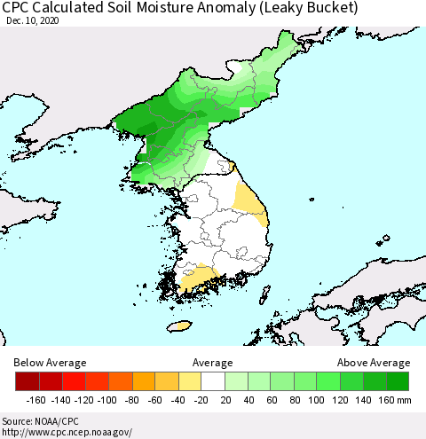 Korea CPC Calculated Soil Moisture Anomaly (Leaky Bucket) Thematic Map For 12/6/2020 - 12/10/2020