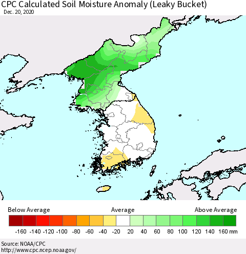 Korea CPC Soil Moisture Departure from Normal (Leaky Bucket) Thematic Map For 12/16/2020 - 12/20/2020