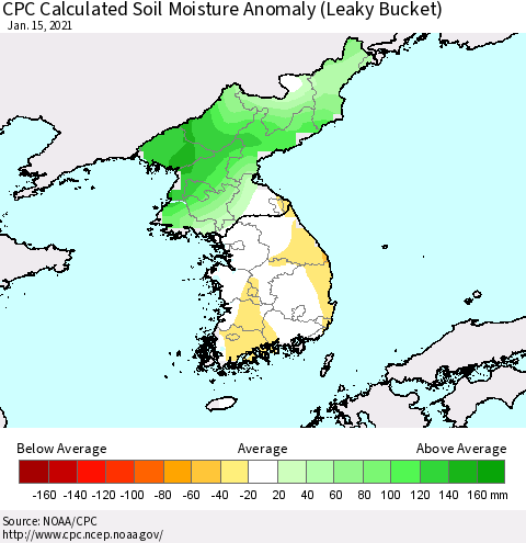 Korea CPC Calculated Soil Moisture Anomaly (Leaky Bucket) Thematic Map For 1/11/2021 - 1/15/2021