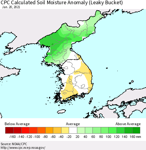 Korea CPC Calculated Soil Moisture Anomaly (Leaky Bucket) Thematic Map For 1/16/2021 - 1/20/2021