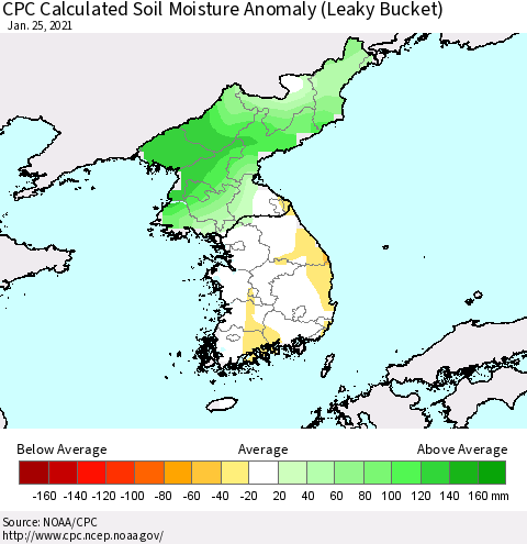 Korea CPC Calculated Soil Moisture Anomaly (Leaky Bucket) Thematic Map For 1/21/2021 - 1/25/2021