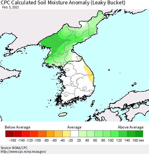 Korea CPC Calculated Soil Moisture Anomaly (Leaky Bucket) Thematic Map For 2/1/2021 - 2/5/2021