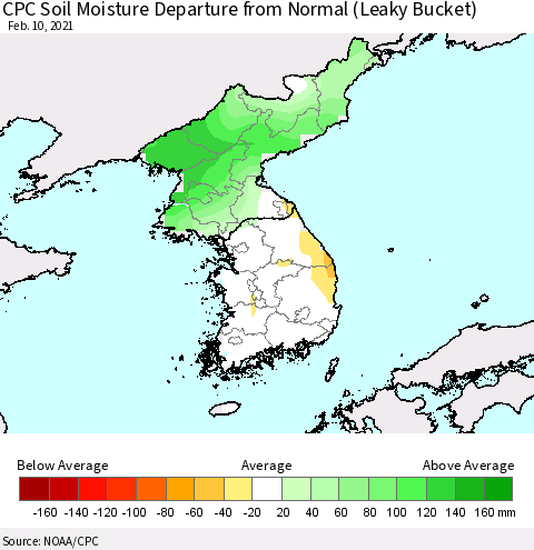 Korea CPC Soil Moisture Departure from Normal (Leaky Bucket) Thematic Map For 2/6/2021 - 2/10/2021