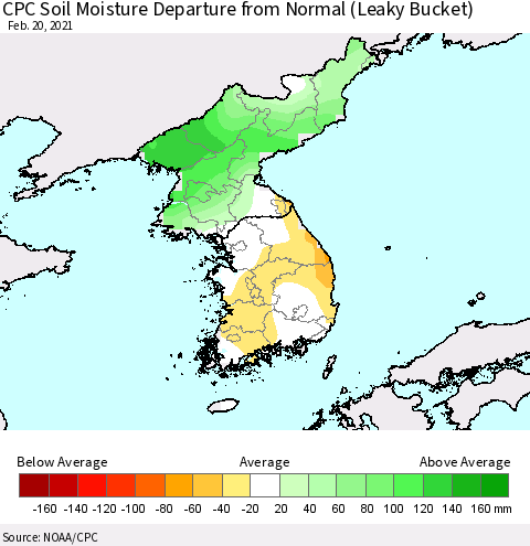 Korea CPC Calculated Soil Moisture Anomaly (Leaky Bucket) Thematic Map For 2/16/2021 - 2/20/2021