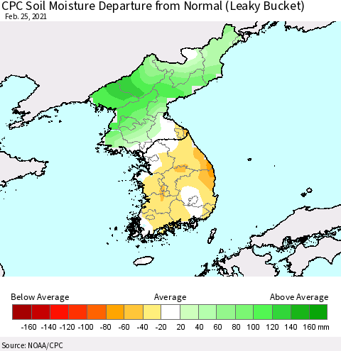 Korea CPC Calculated Soil Moisture Anomaly (Leaky Bucket) Thematic Map For 2/21/2021 - 2/25/2021