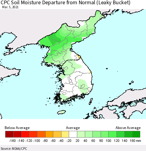 Korea CPC Calculated Soil Moisture Anomaly (Leaky Bucket) Thematic Map For 3/1/2021 - 3/5/2021